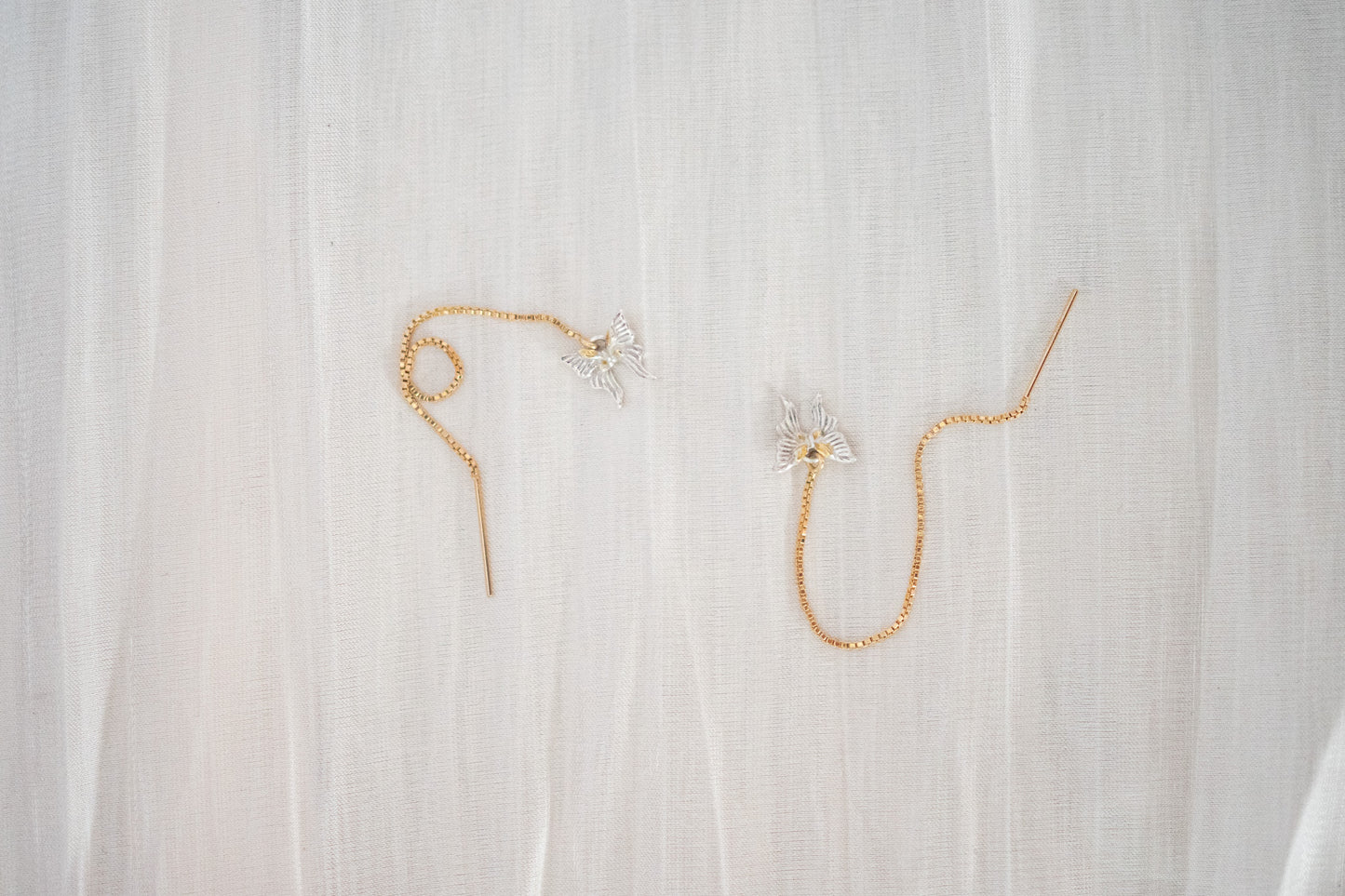 Two-Butterfly Threader Earrings – Fine Silver with Gold Accents