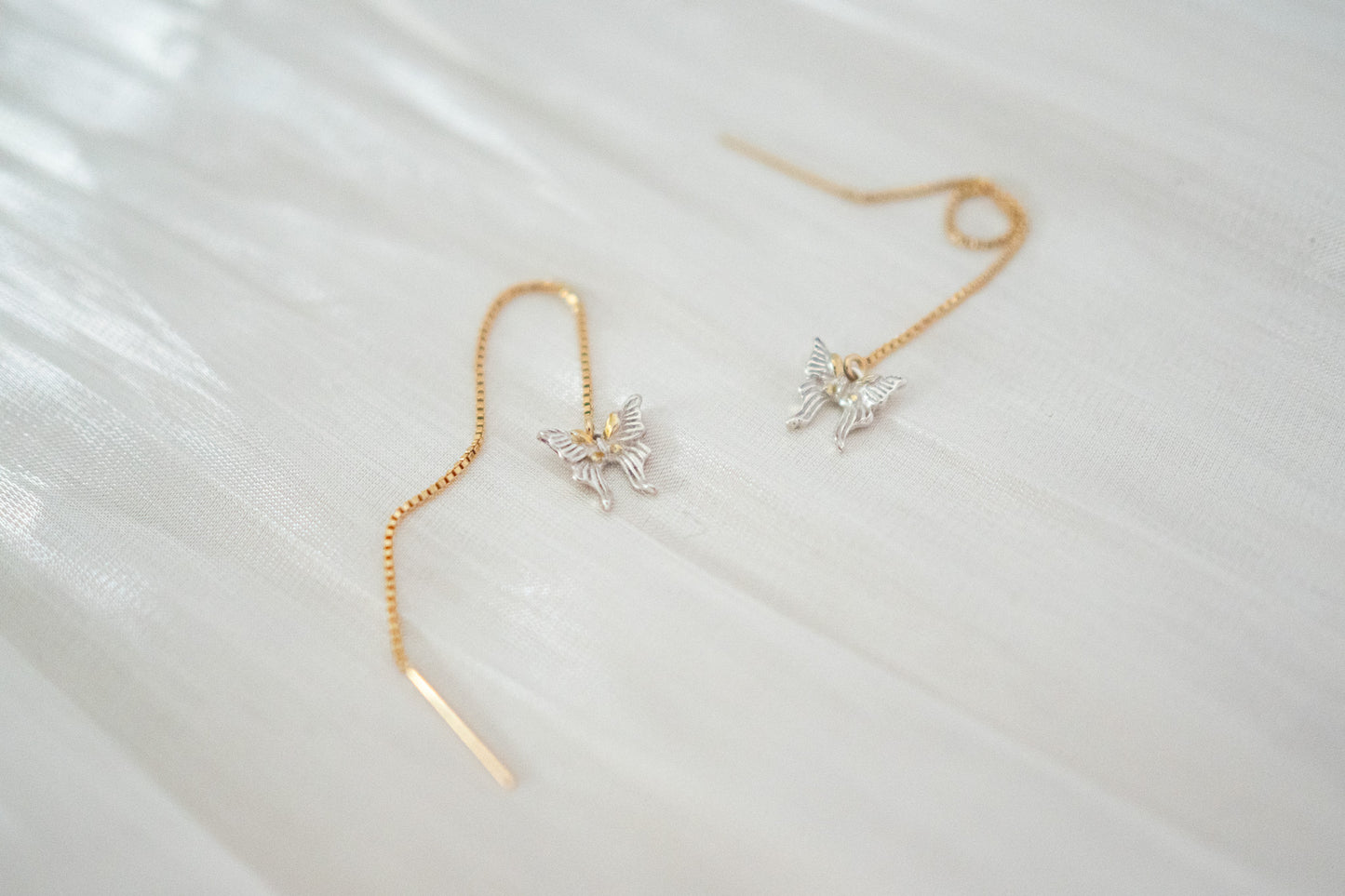 Two-Butterfly Threader Earrings – Fine Silver with Gold Accents