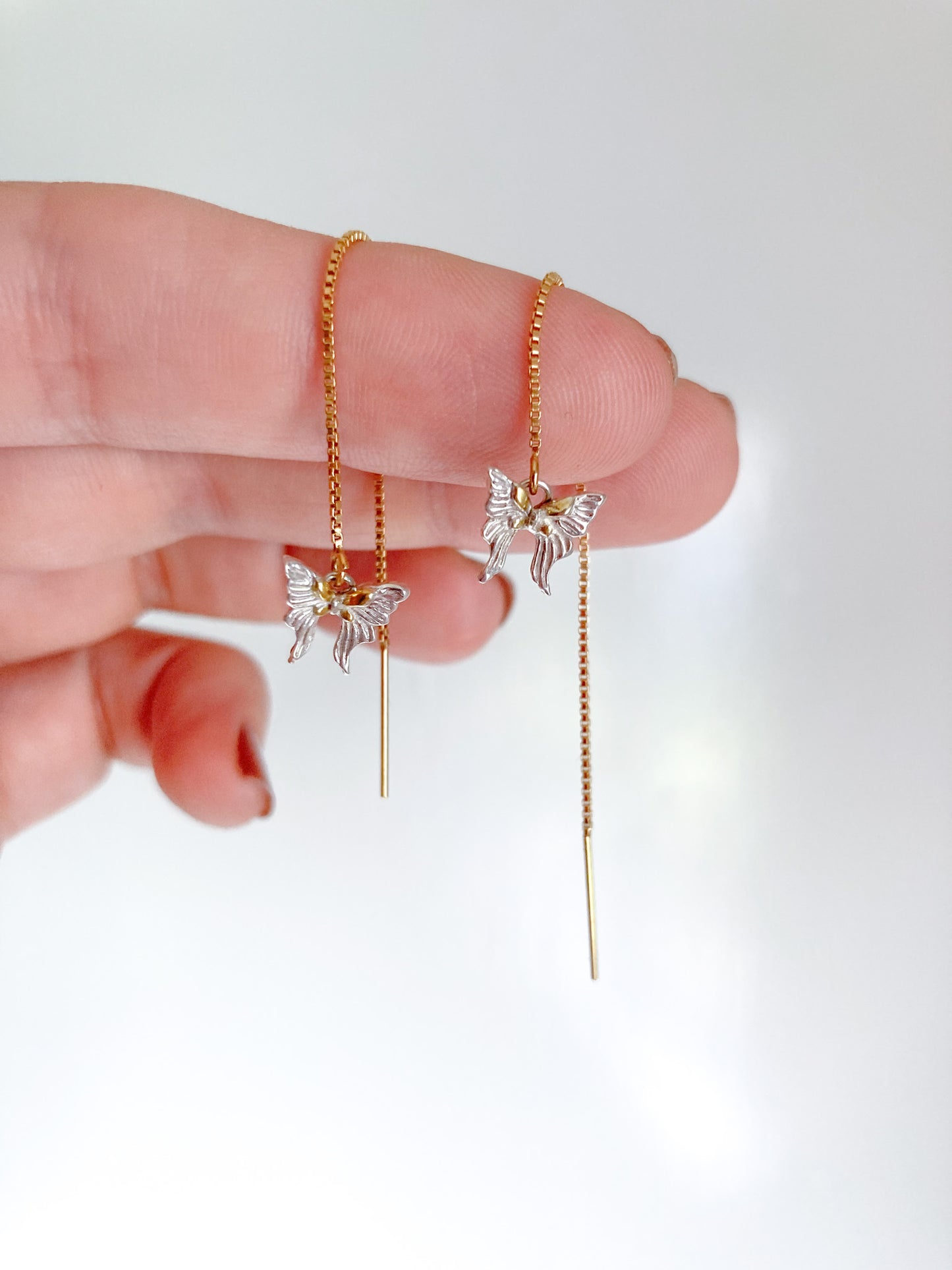 Two-Butterfly Threader Earrings – Fine Silver with Gold Accents